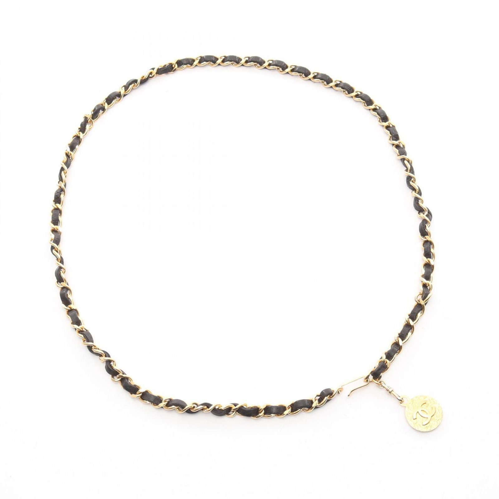Chain Belt By Chanel: Chain Belt By Chanel Chain Belt By Chanel - A Timeless Accessory. This black leather chain belt features gold accents and measures 97cm in length, adding a touch of sophistication to any outfit. With 