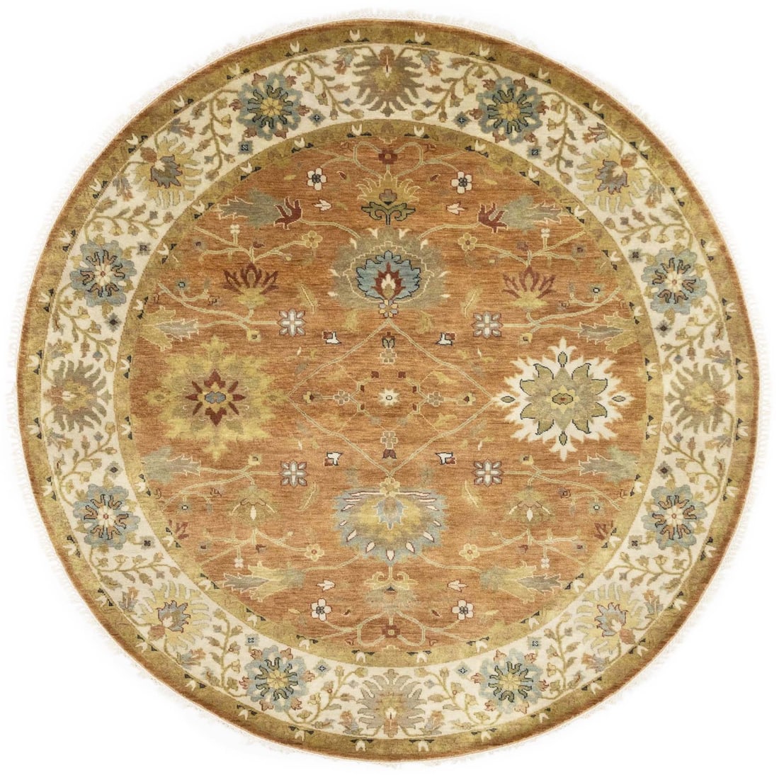 8x8 ft Rust Oushak Wool Round Rug Floral Design Carpet Home Decor: 8x8 ft Rust Oushak Wool Round Rug Floral Design Carpet Home Decor Rust Oushak Wool Round Rug features a stunning floral design in warm, earthy tones. Its hand-knotted construction and wool material ma