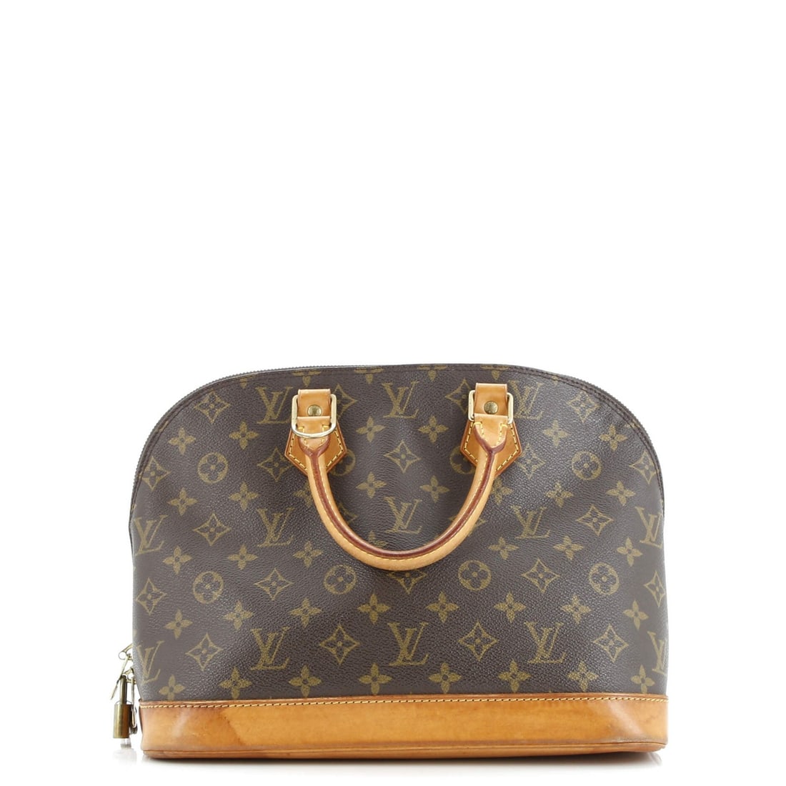 VINTAGE LOUIS VUITTON ALMA MONOGRAM CANVAS HANDBAG: VINTAGE LOUIS VUITTON ALMA MONOGRAM CANVAS HANDBAG Brown canvas-coated leather Louis Vuitton Alma handbag with top handle, featuring the iconic monogram pattern. Measuring 9" tall and 12" wide, this v