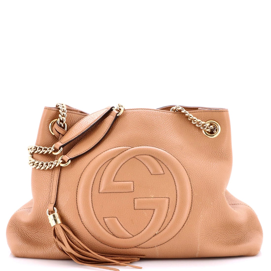Gucci Soho Chain Strap Shoulder Bag Leather Medium: Gucci Soho Chain Strap Shoulder Bag Leather Medium Gucci Soho Chain Strap Shoulder Bag Leather Medium - A stylish medium-sized shoulder bag with a neutral exterior and gold hardware, featuring a