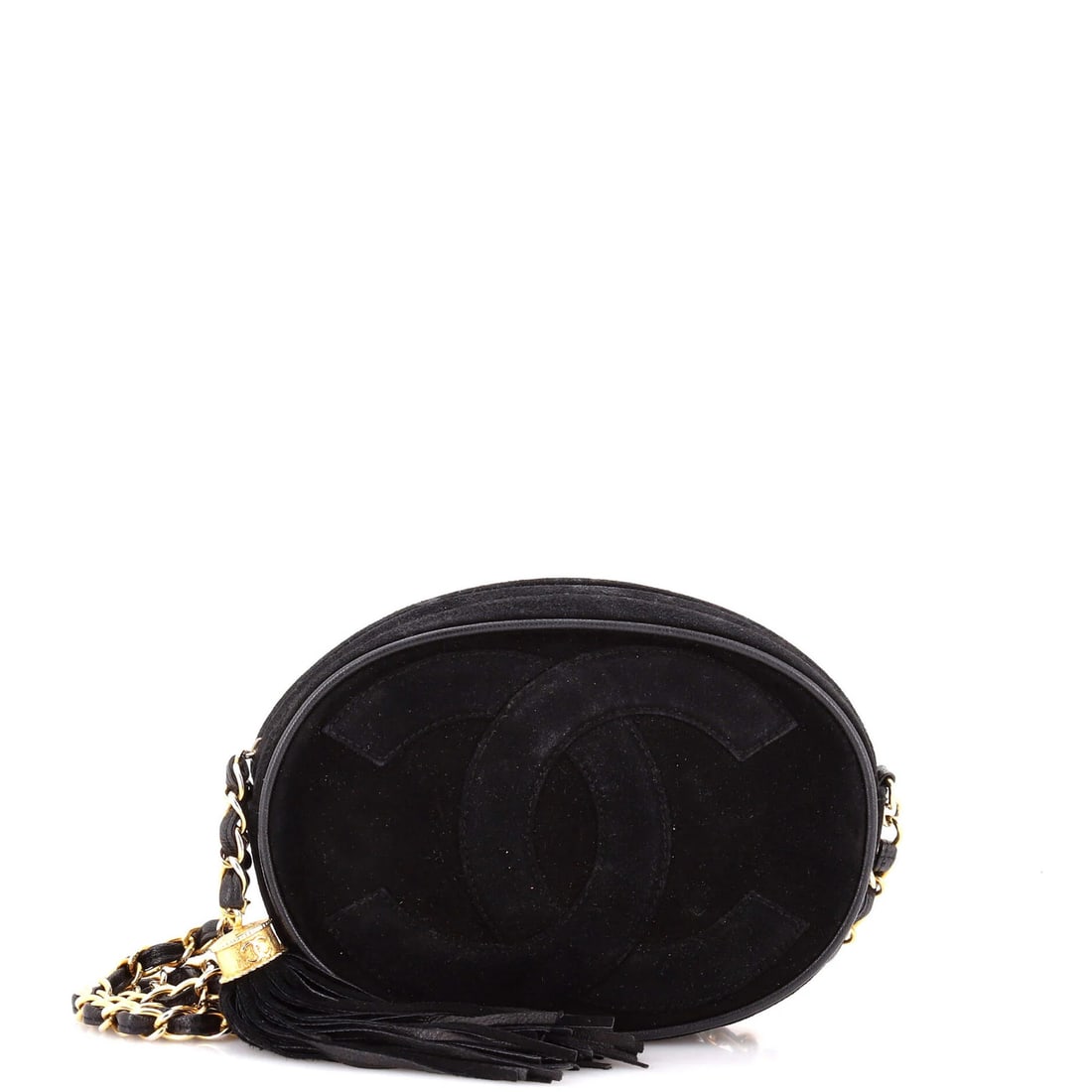 Suede Oval CC Mini Tassel Bag Vintage Chanel Crossbody: Suede Oval CC Mini Tassel Bag Vintage Chanel Crossbody Suede Oval CC Mini Tassel Bag in Black, featuring a timeless vintage design with a gold tassel and classic Chanel details. This mini crossbody