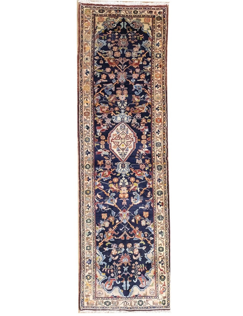 Oriental Wool Runner Dark Purple Navy Hallway Carpet Vintage Rug 3x10 Ft: Oriental Wool Runner Dark Purple Navy Hallway Carpet Vintage Rug 3x10 Ft Dark purple-navy cream red gray light blue gold hand-knotted wool runner carpet, measuring 3'3 x 10', boasts a unique blend of 