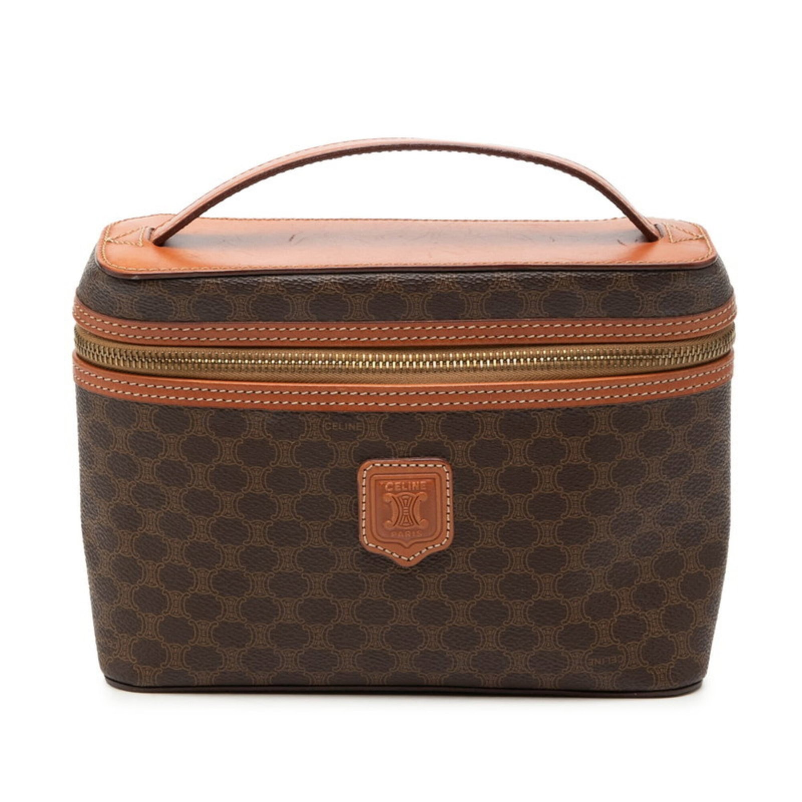 Handbag Vanity Bag Pvc Leather: Handbag Vanity Bag Pvc Leather Brown Pvc Leather Celine-Style Handbag with Zipper Closure, Measuring 15.5cm x 21cm x 7cm and Featuring a 4cm Handle Drop. This used handbag boasts a distinctive pvc