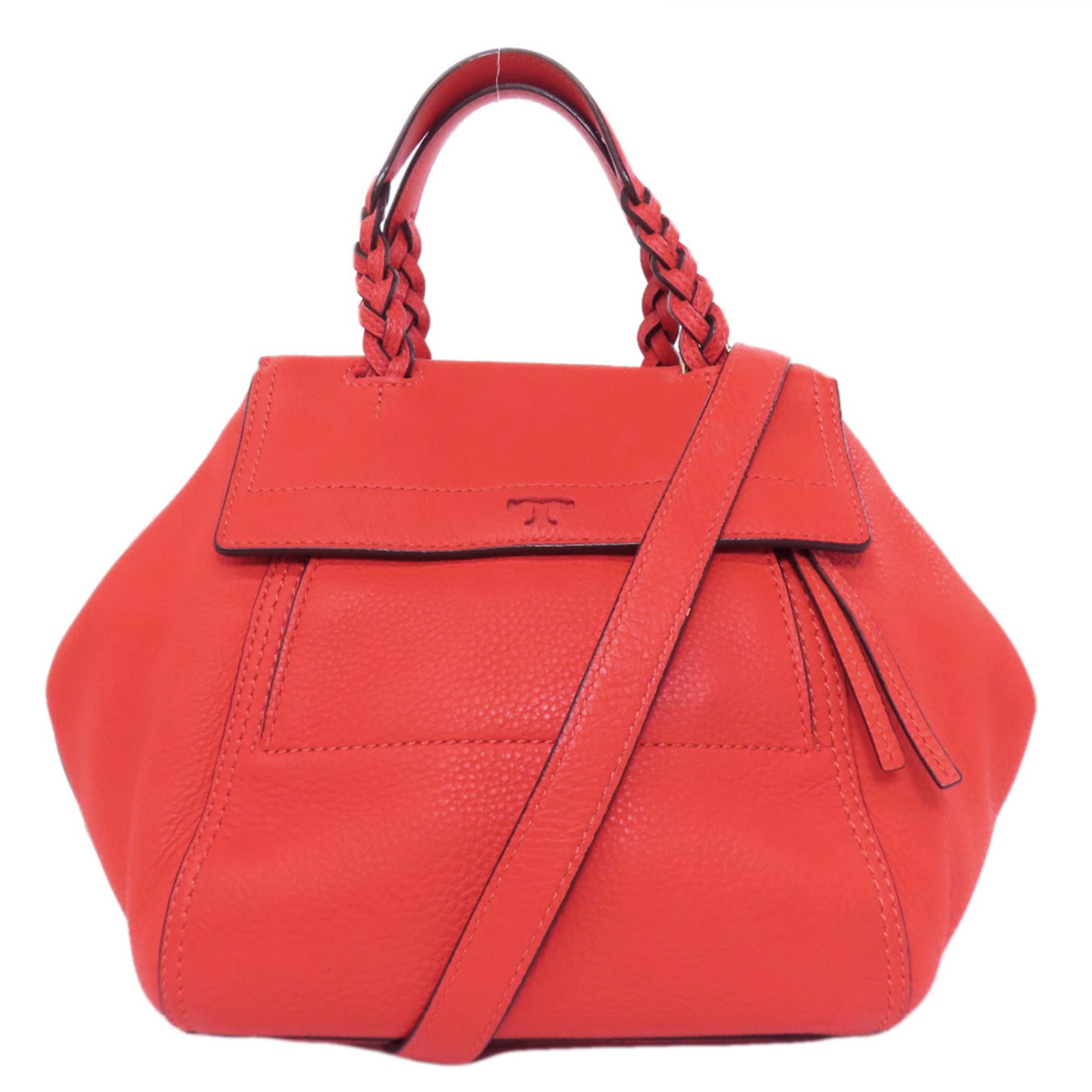 Leather Handbag by Tory: Leather Handbag by Tory Red leather handbag by Tory Burch, featuring a classic design with a few traces of usage visible. The bag has some scratches and dirt but remains in very good condition