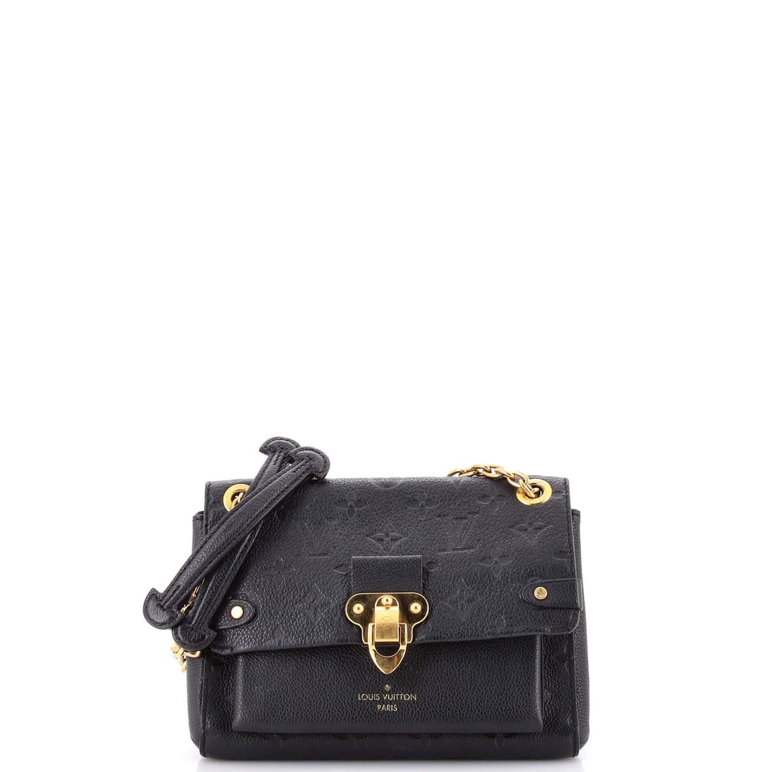 Louis Vuitton Handbag Monogram Empreinte Leather Vavin: Louis Vuitton Handbag Monogram Empreinte Leather Vavin Black Louis Vuitton Handbag Monogram Empreinte Leather Vavin Cross Body Bag with gold hardware, featuring heavy corner wear, scuffs, cracking, ed