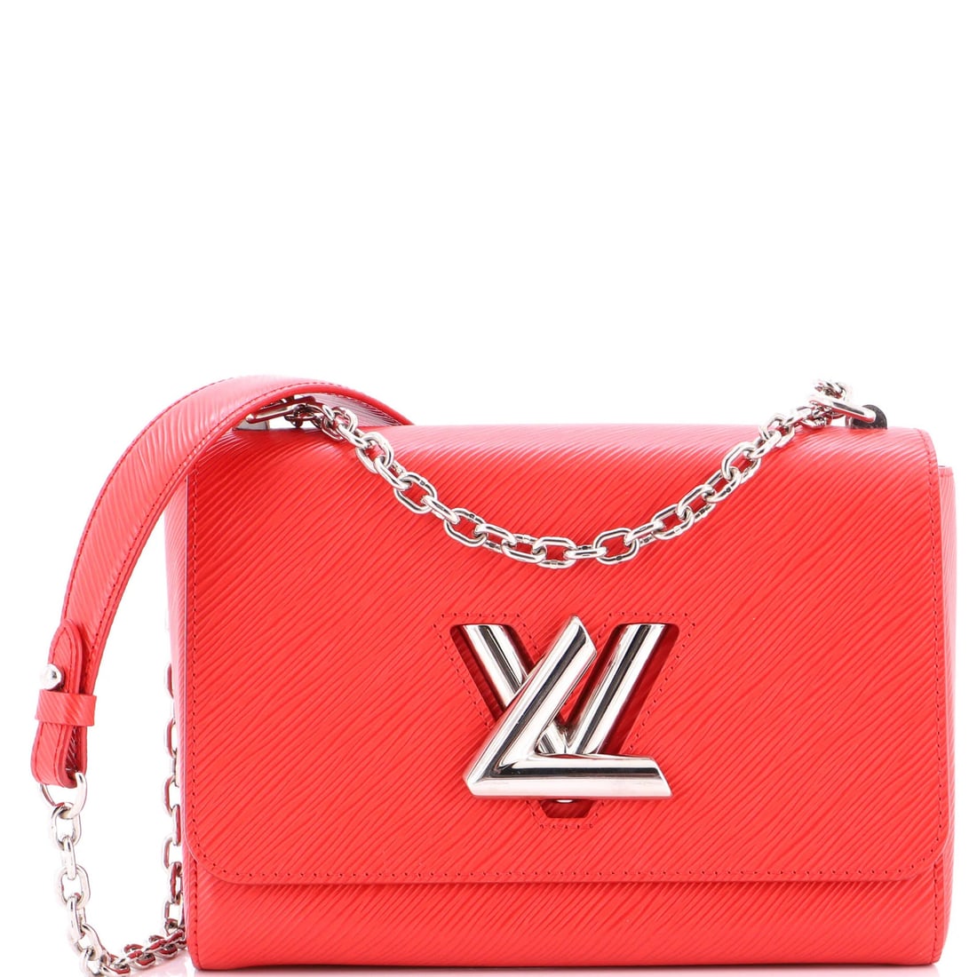 Epi Leather Handbag Twist Louis Vuitton MM: Epi Leather Handbag Twist Louis Vuitton MM Red Epi Leather Twist Louis Vuitton MM Cross Body Bag with Silver Hardware, featuring minor scuffs on the exterior and interior, and a moderate odor. The bag