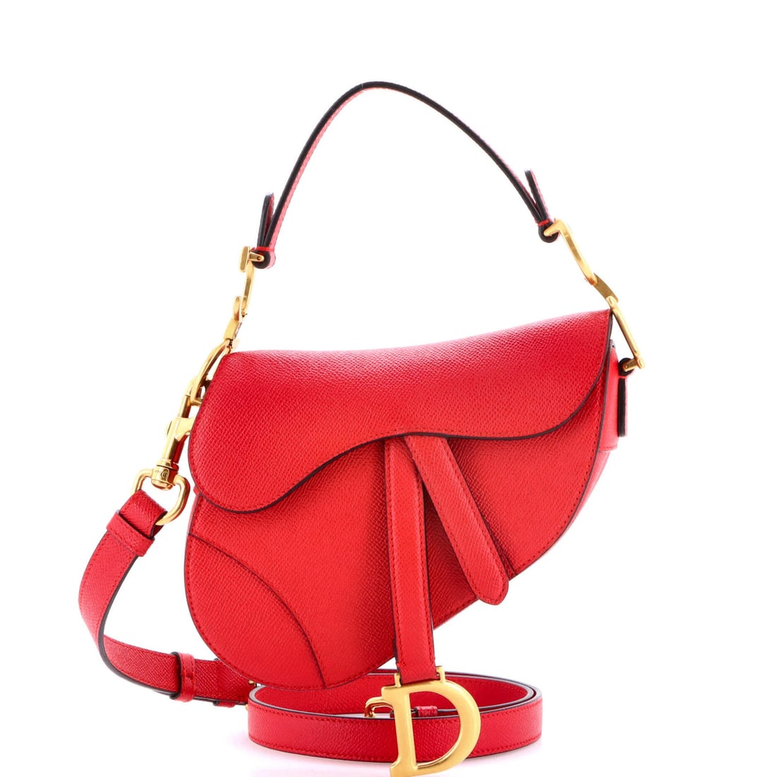 Christian Dior Saddle Handbag with Strap Leather Mini: Christian Dior Saddle Handbag with Strap Leather Mini The Christian Dior Saddle Handbag with Strap Leather Mini boasts a striking red exterior, perfectly balanced by the rich patina of aged gold hardw