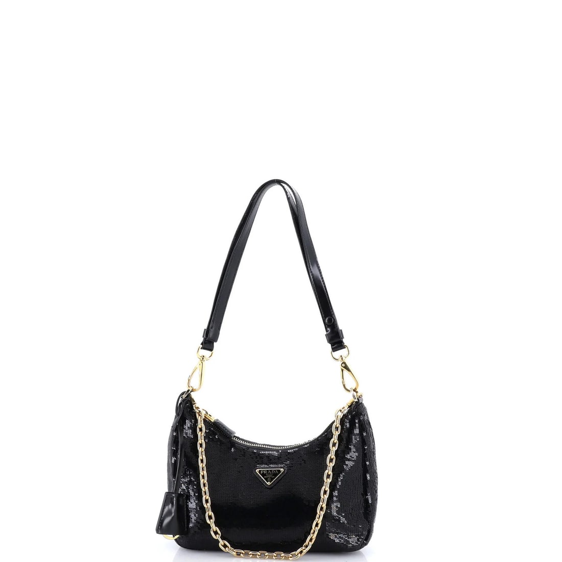Re-edition sequins embellished shoulder bag mini nylon: Re-edition sequins embellished shoulder bag mini nylon Sequins embellished shoulder bag mini nylon, re-edition Prada design. This black sequin exterior mini bag features gold hardware and a small