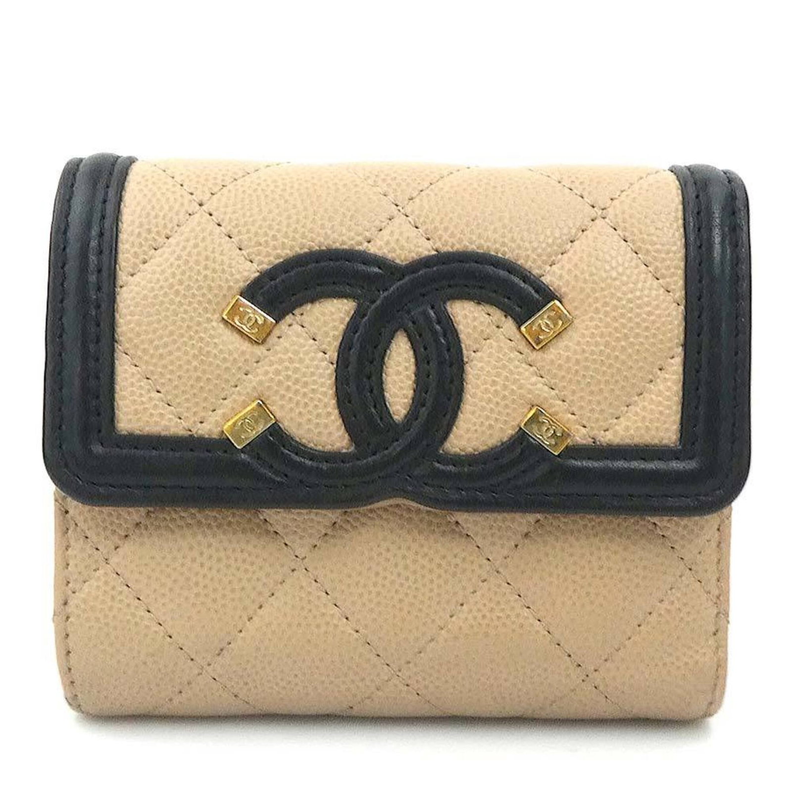Calfskin Tri Fold Wallet Grained: Calfskin Tri Fold Wallet Grained Grained Calfskin Tri Fold Wallet in Beige. This tri-fold wallet features high-quality grained calfskin material, offering a classic and sophisticated design. With its