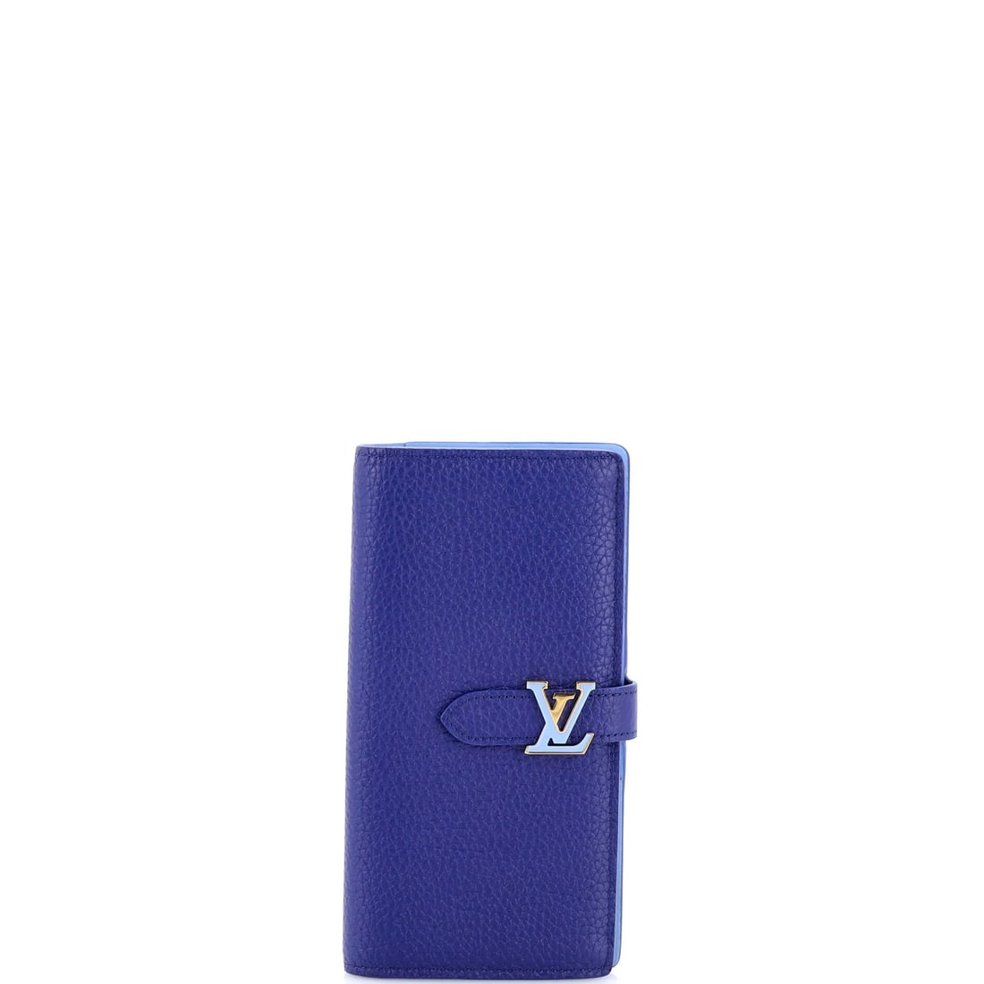 Louis Vuitton Capucines Vertical Wallet Leather: Louis Vuitton Capucines Vertical Wallet Leather The Louis Vuitton Capucines Vertical Wallet Leather boasts a striking blue exterior and interior, complemented by gold hardware. Measuring 7.5" in heigh