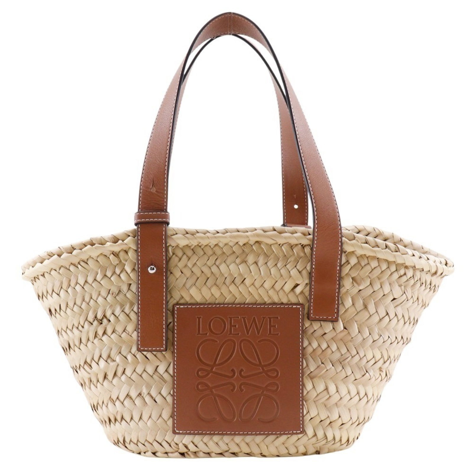 Loewe Raffia Tote Leather Bag: Loewe Raffia Tote Leather Bag Brown Loewe Raffia Tote Leather Bag, featuring a unique basket-style design with raffia and leather construction. Measuring 20cm x 21cm x 12cm, it has a sturdy strap