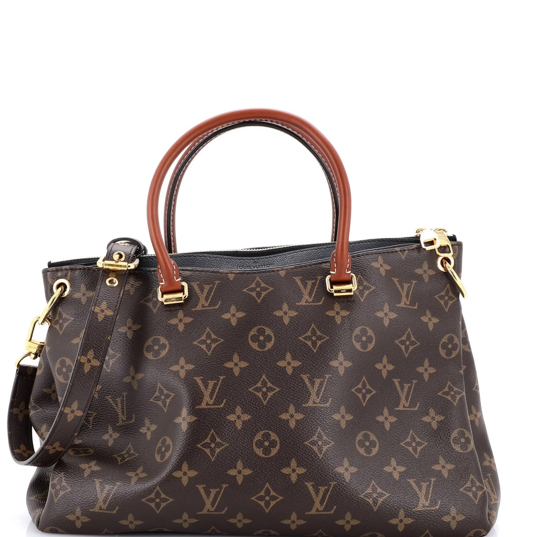 Louis Vuitton Pallas Tote Monogram Canvas with Leather: Louis Vuitton Pallas Tote Monogram Canvas with Leather Black canvas coated leather exterior, gold hardware, and monogram pattern make this Louis Vuitton Pallas Tote stand out. With its classic shoulde