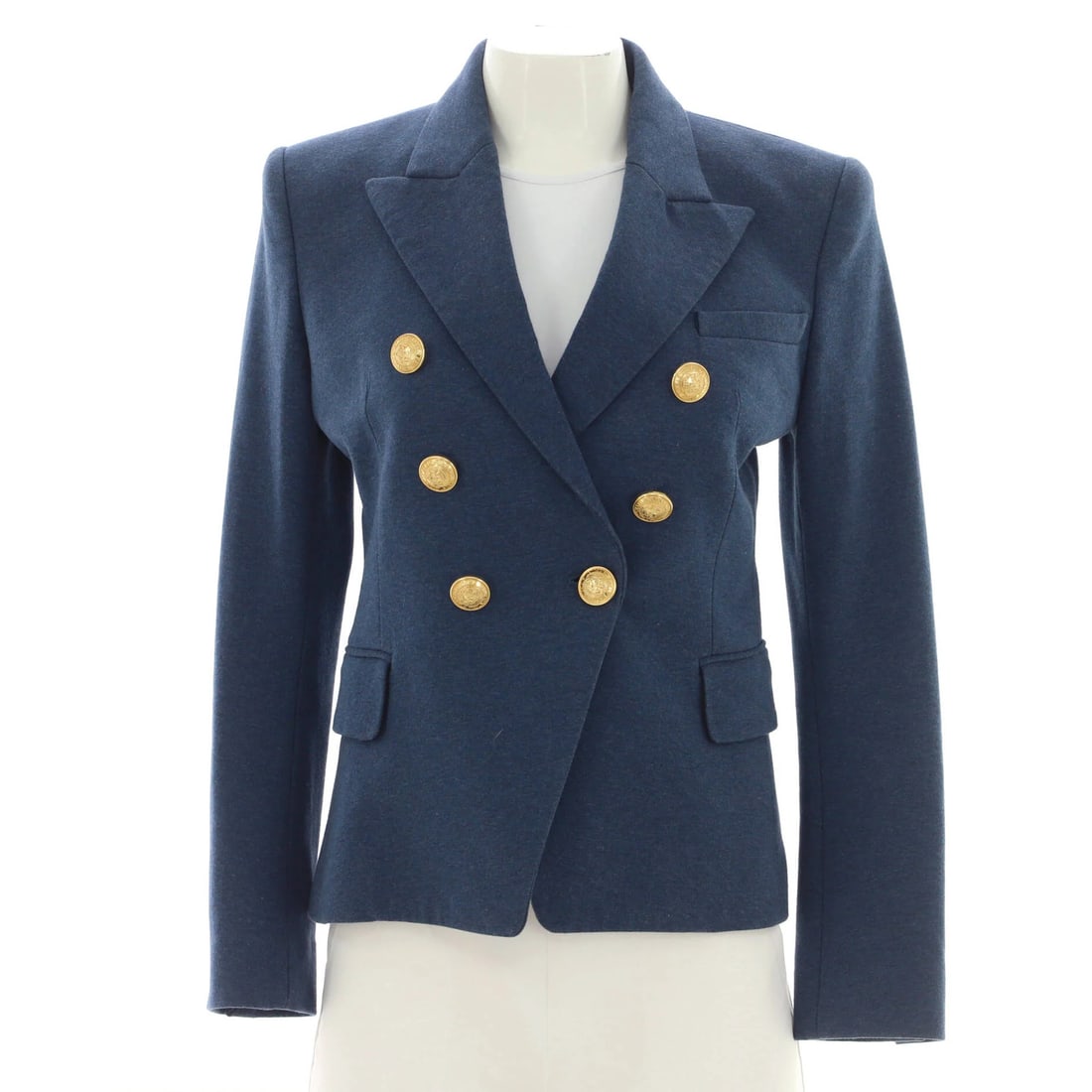 Balmain Women's Double Breasted Blazer Cotton Blend: Balmain Women's Double Breasted Blazer Cotton Blend The Balmain Women's Double Breasted Blazer Cotton Blend boasts a classic double-breasted design, featuring a striking blue exterior with gold
