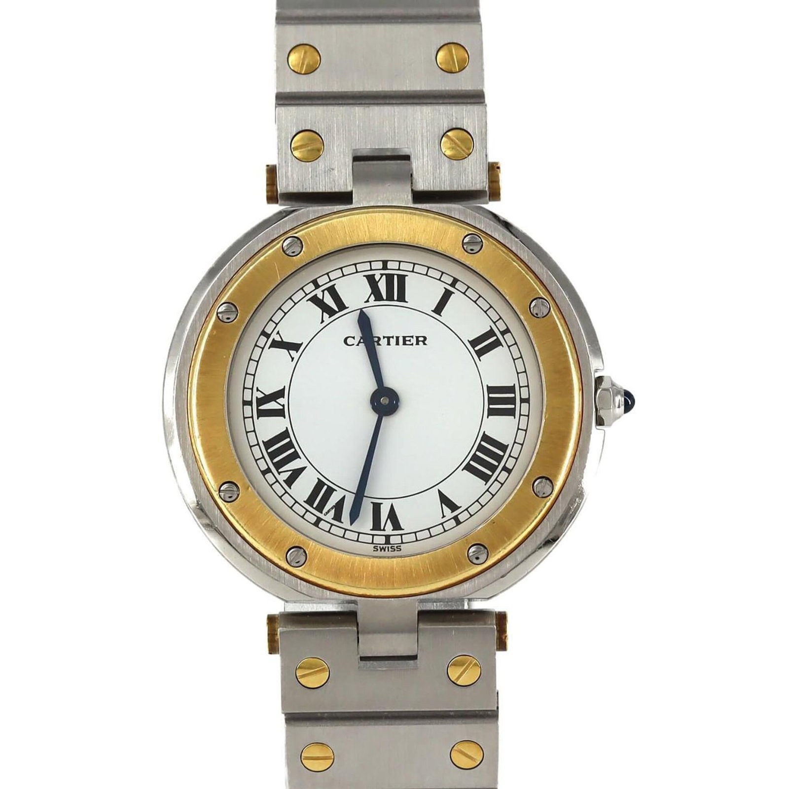 Cartier Wristwatch: Cartier Wristwatch Stainless Steel and Yellow Gold Cartier Wristwatch - A Timeless Classic. This 32mm stainless steel and yellow gold Cartier wristwatch boasts a white dial, perfect for those who