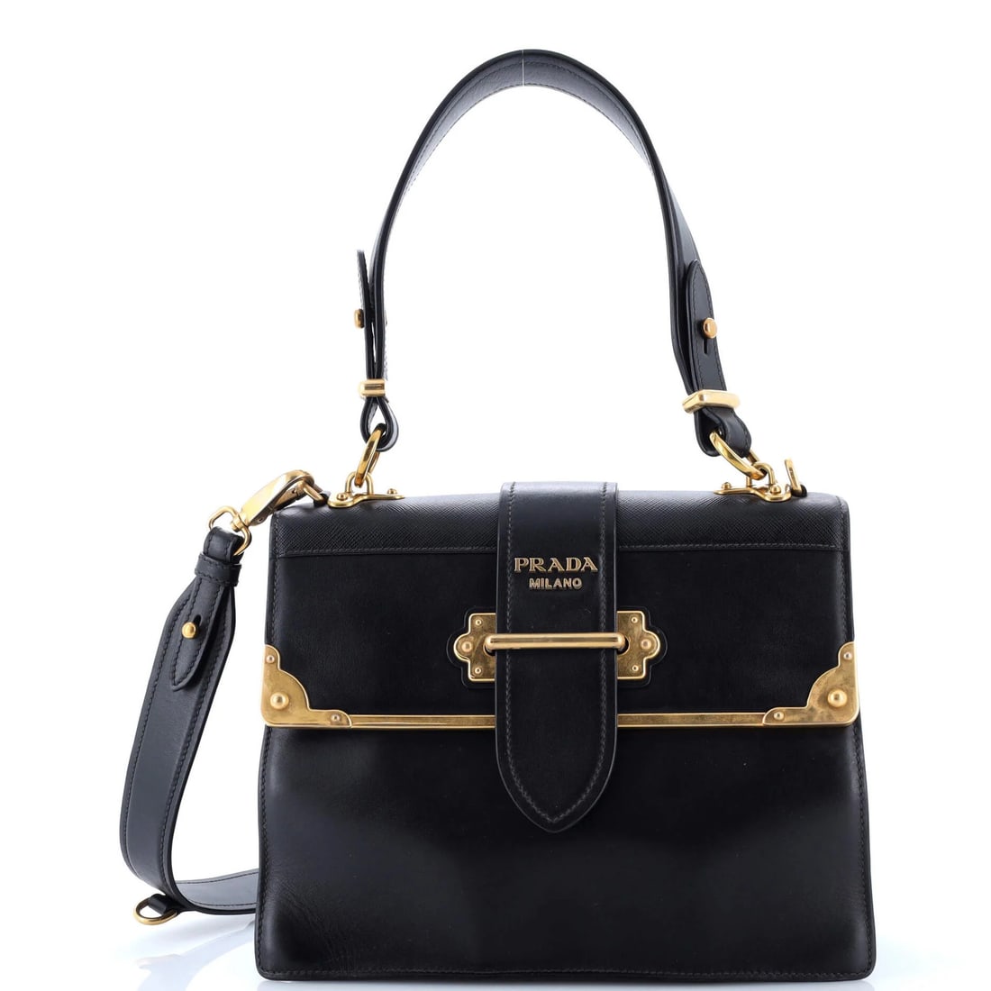Calf and Saffiano Medium Convertible Shoulder Bag City Prada: Calf and Saffiano Medium Convertible Shoulder Bag City Prada Black Calf and Saffiano leather convertible shoulder bag with aged gold hardware, featuring a medium size and 8" handle drop. The bag's ext