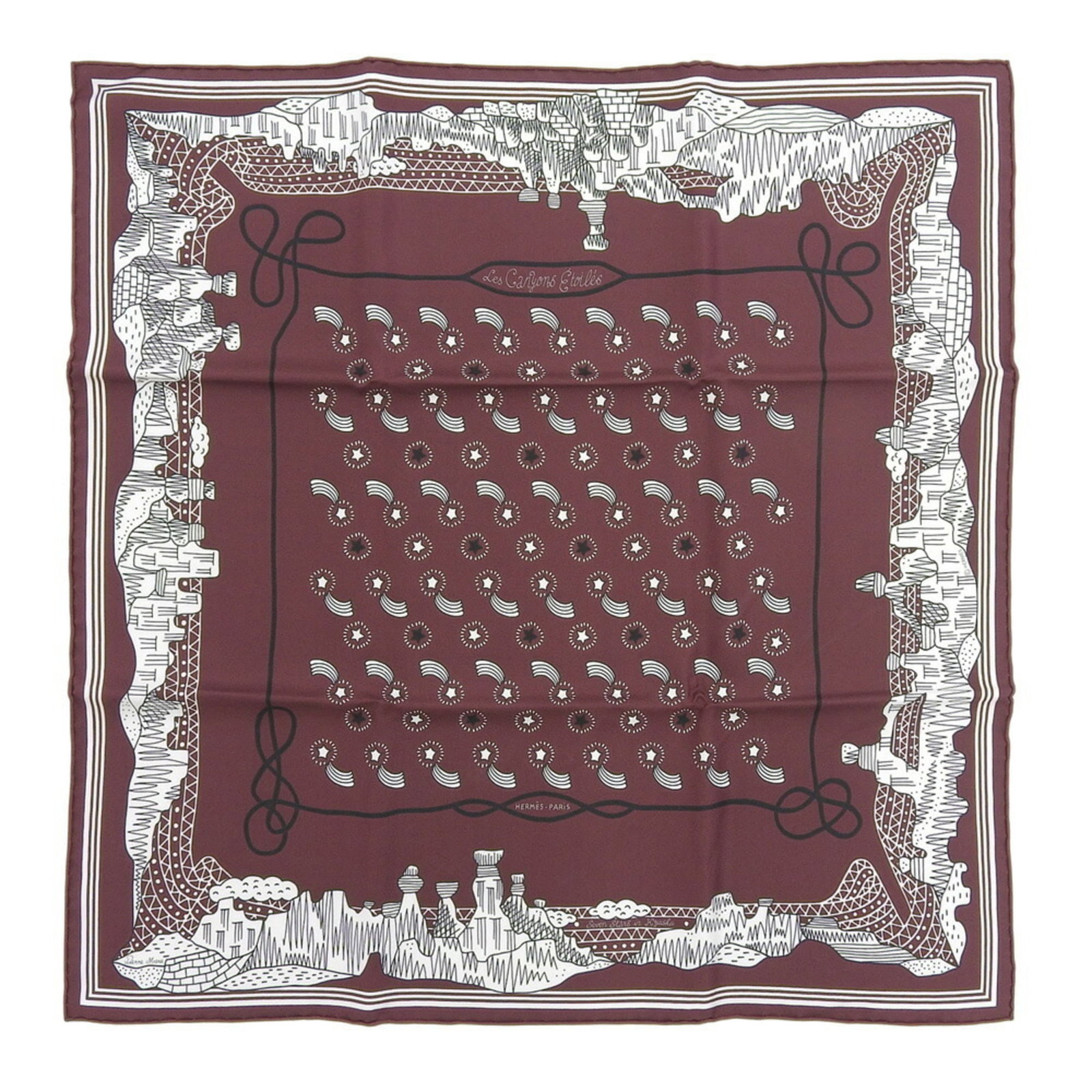 Silk scarf from Hermes: Silk scarf from Hermes Bordeaux, Red silk scarf from Herm?s features a vibrant color combination. Made from high-quality silk, the 54cm x 55cm scarf boasts a classic design. In like new condition with