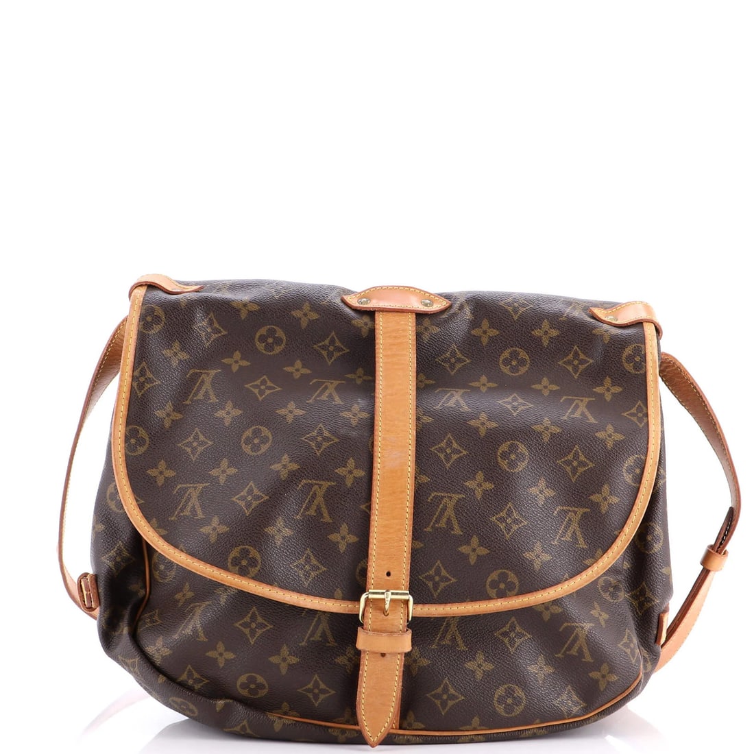 Saumur Monogram Canvas 35 Handbag Louis Vuitton: Saumur Monogram Canvas 35 Handbag Louis Vuitton Brown Saumur Monogram Canvas 35 Handbag with Gold Hardware, featuring a classic cross body design and scuffed exterior. The bag measures 11.5" in