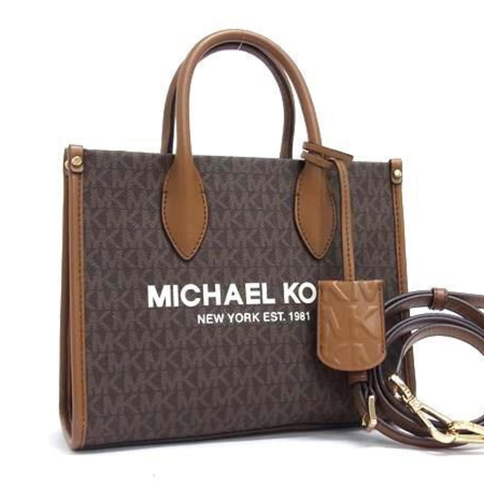 Handbag Kors Michael PVC Leather Tote Shoulder Bag: Handbag Kors Michael PVC Leather Tote Shoulder Bag PVC and leather combine in this stylish Michael Kors shoulder tote, featuring a classic design with a zipper closure. The brown color adds a touch