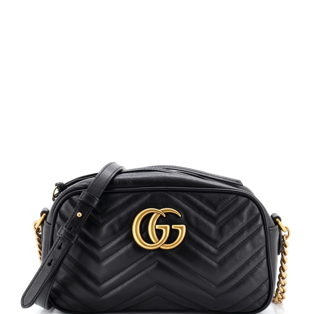 Gucci GG Marmont Shoulder Bag Matelasse Leather Small: Gucci GG Marmont Shoulder Bag Matelasse Leather Small Small Gucci GG Marmont Shoulder Bag in Black Matelasse Leather, featuring a classic cross body design with aged gold hardware. The bag showcases