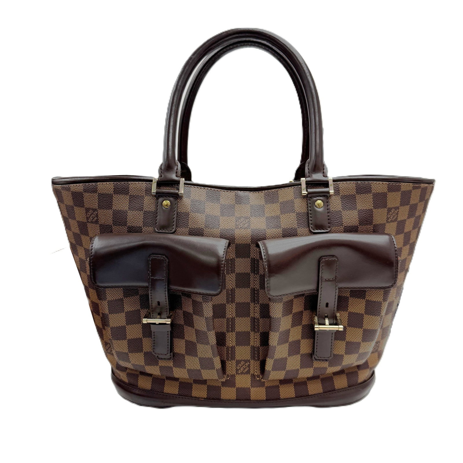 Canvas Damier Tote Louis Vuitton: Canvas Damier Tote Louis Vuitton Damier canvas tote bag in brown, featuring the iconic Louis Vuitton design. This used tote measures 26.5cm x 46cm and shows signs of usage with scratches and dirt. In 