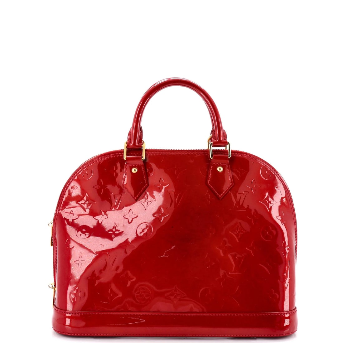 Monogram Vernis PM Louis Vuitton Alma Handbag: Monogram Vernis PM Louis Vuitton Alma Handbag Patent leather exterior in bold red, the iconic Alma handbag from Louis Vuitton features a striking monogram Vernis PM design. With its classic top handle