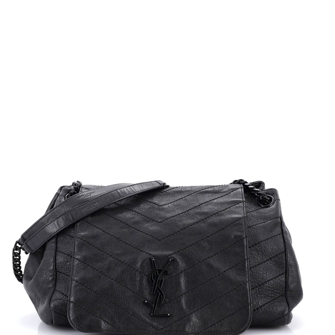 Nolita Satchel Saint Laurent Medium Chevron Matelasse Leather: Nolita Satchel Saint Laurent Medium Chevron Matelasse Leather The Saint Laurent Medium Chevron Matelasse Leather Nolita Satchel boasts a striking black exterior with subtle scuffs and edge wear,
