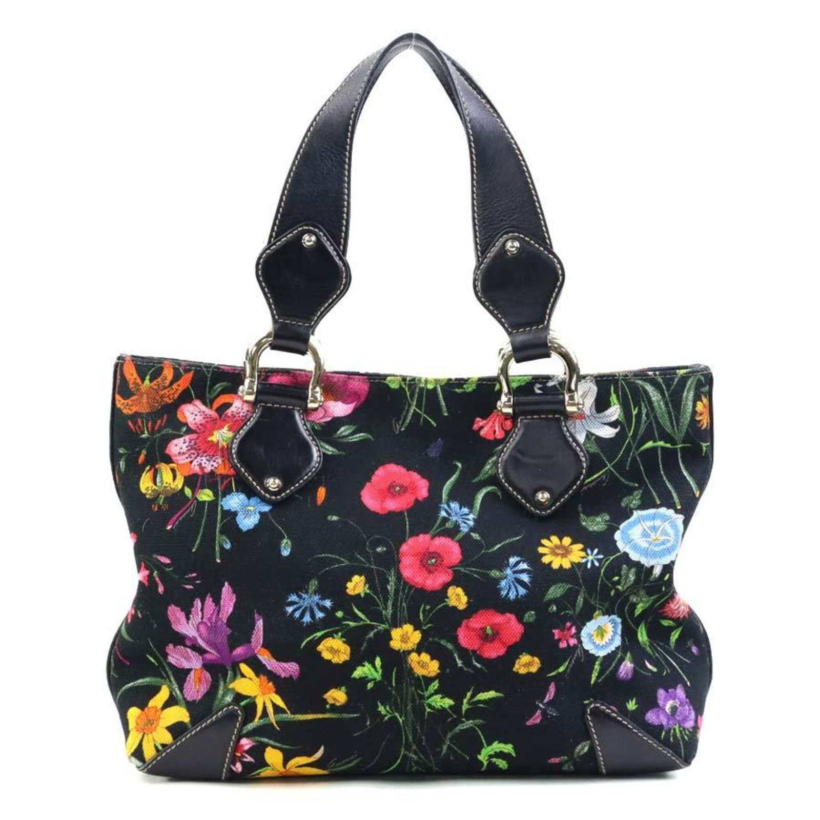 Canvas leather handbag: Canvas leather handbag Canvas leather handbag in black with multi-color accents, featuring Gucci branding. The bag measures 24cm x 30cm x 10cm and has a worn, used condition with visible scratches