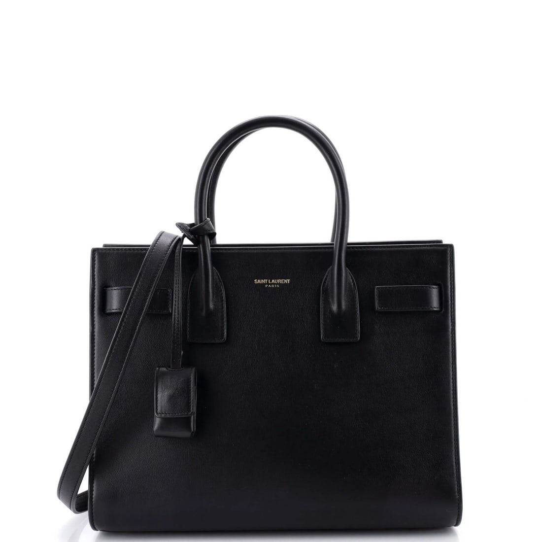 Saint Laurent Sac de Jour Bag Leather Baby: Saint Laurent Sac de Jour Bag Leather Baby Black Saint Laurent Sac de Jour Bag Leather Baby with gold hardware, featuring suede interior and scuffs on handles/straps. The bag has minor wear and tear,