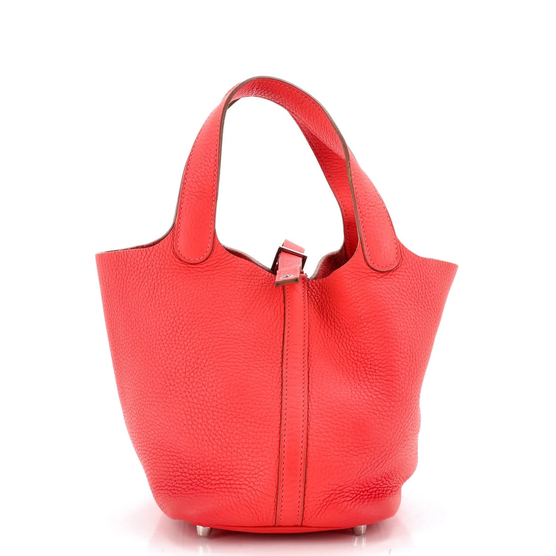 Clemence Hermes Picotin Bag: Clemence Hermes Picotin Bag The Clemence Hermes Picotin Bag features a striking pink exterior made from high-quality leather, complemented by raw leather interior in the same vibrant hue. With its Pal