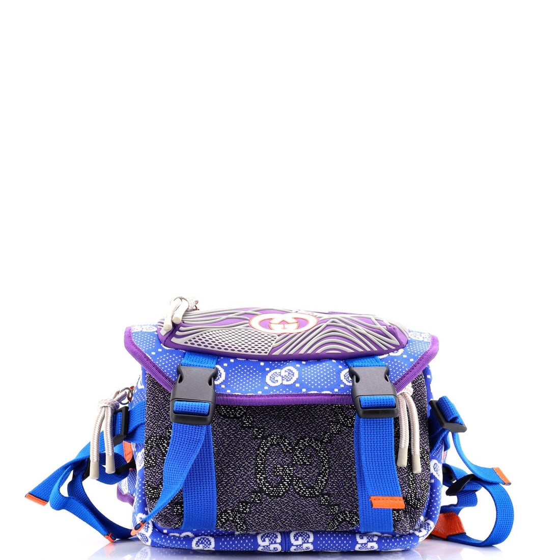 Buckle flap backpack chest strap with rubber fabric GUCCI GG: Buckle flap backpack chest strap with rubber fabric GUCCI GG Buckle flap backpack with striking multicolor exterior and durable rubber fabric, featuring a signature Gucci GG design. The excellent cond