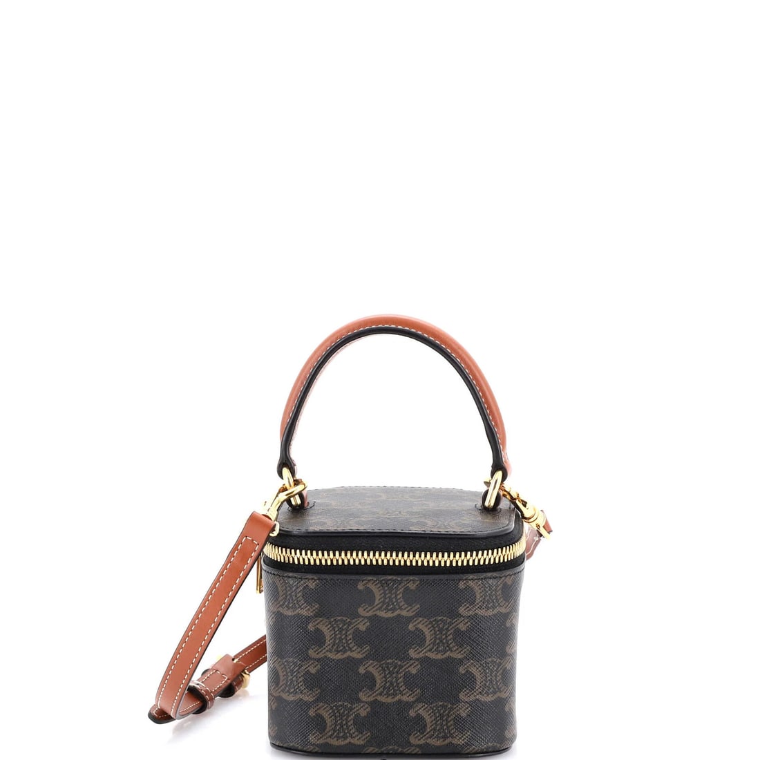 Square Vanity Case Celine Triomphe Coated Canvas Mini: Square Vanity Case Celine Triomphe Coated Canvas Mini The Celine Square Vanity Case Triomphe Coated Canvas Mini boasts a sturdy canvas exterior with a rich brown hue, complemented by gold hardware and
