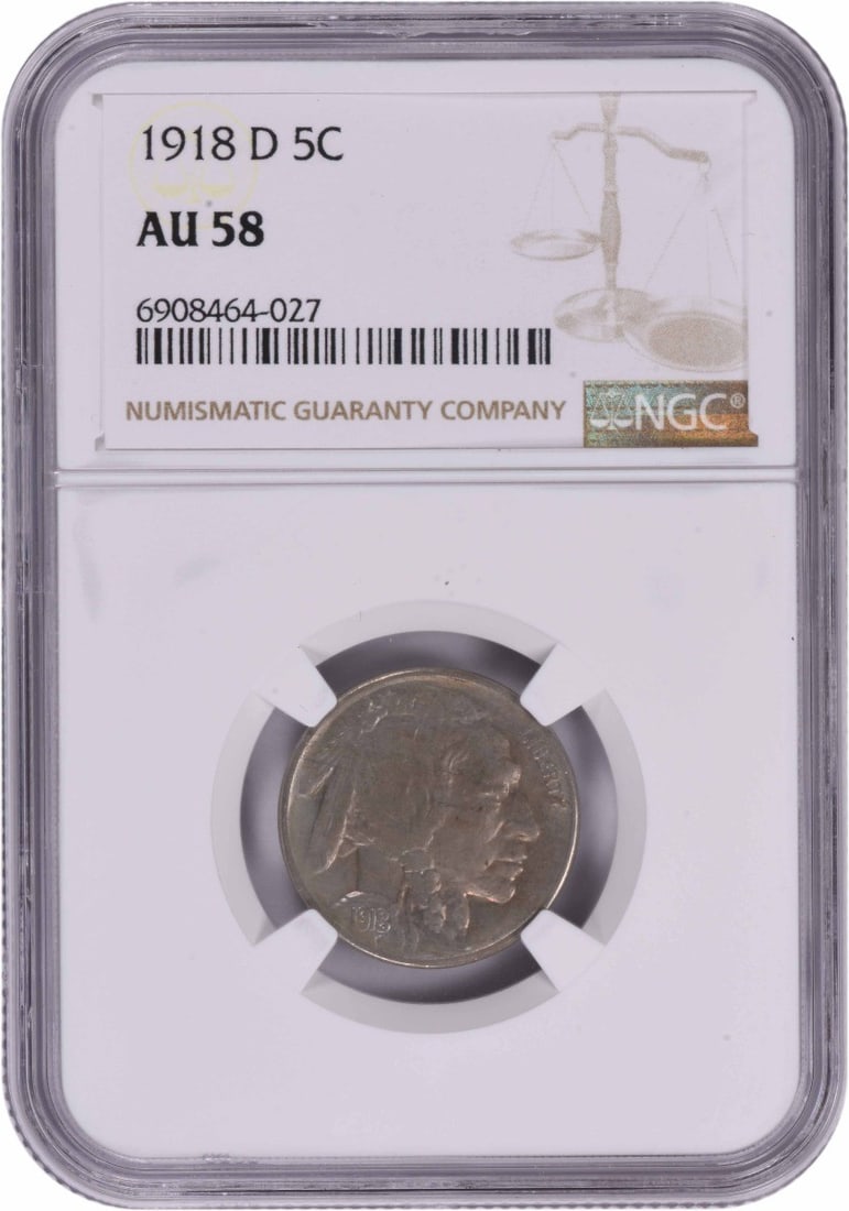 1918-D Buffalo Nickel AU58 NGC: 1918-D Buffalo Nickel AU58 NGC The 1918-D Buffalo Nickel AU58 NGC features a striking design with its iconic buffalo nickel motif, showcasing the craftsmanship of the time. Certified by the