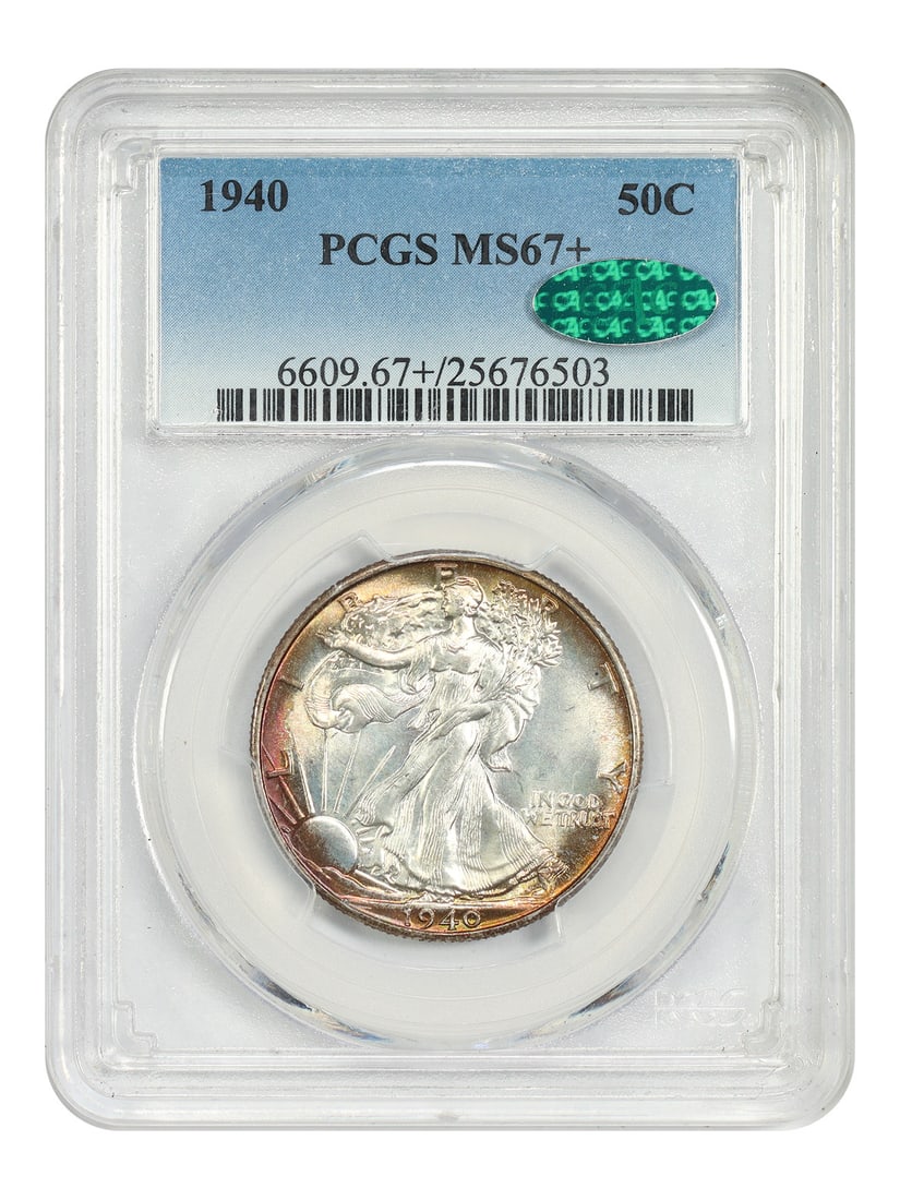 MS67+ PCGS CAC 50C Walking Liberty Half Dollar: MS67+ PCGS CAC 50C Walking Liberty Half Dollar MS67+ PCGS CAC 50C Walking Liberty Half Dollar, certified by the prestigious Professional Coin Grading Service (PCGS) with a high grade of MS67+,