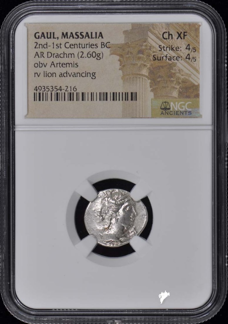 2nd-1st Centuries BC GAUL, MASSALIA AR Drachm NGC XF45: 2nd-1st Centuries BC GAUL, MASSALIA AR Drachm NGC XF45 NGC XF45 certification ensures the coin's high level of quality and detail. This ancient Roman Ar Drachm from Massalia dates back to the 2nd-1st