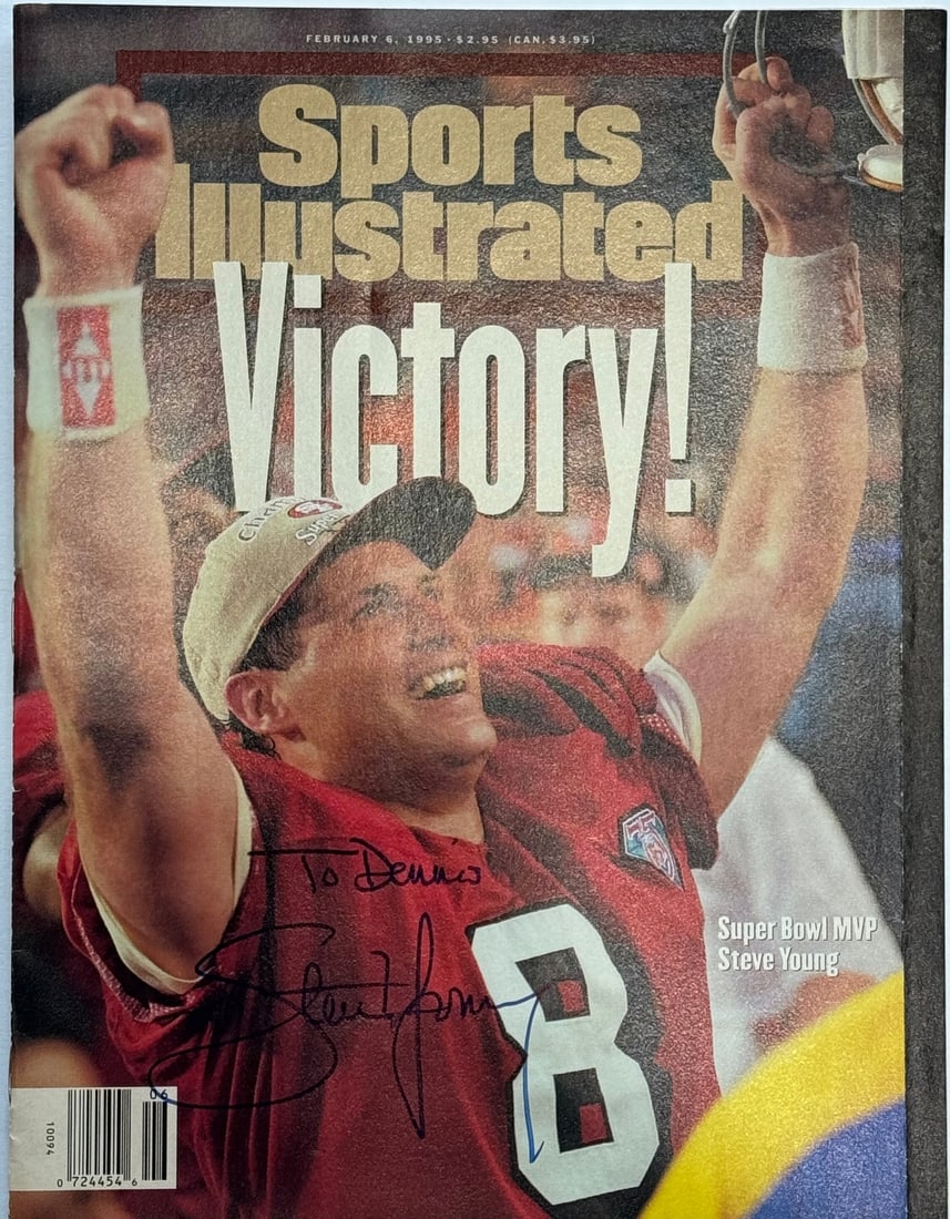 Steve Young Autographed Sports Illustrated Magazine February 6 1995: Steve Young Autographed Sports Illustrated Magazine February 6 1995 Steve Young Autographed Sports Illustrated Magazine February 6, 1995 bears the signature "To Dennis" in blue sharpie across the