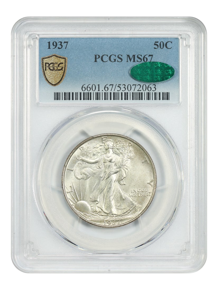 PCGS/ CAC MS67 50C Walking Liberty Half Dollar: PCGS/ CAC MS67 50C Walking Liberty Half Dollar The PCGS/ CAC MS67 50C Walking Liberty Half Dollar is an exceptional example of the iconic series, boasting a high grade of 67. Certified by both PCGS an