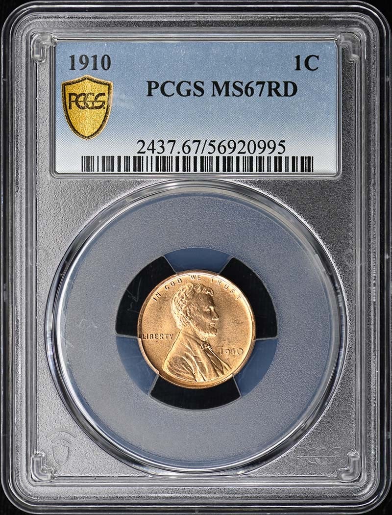 1910 1C Lincoln Cent - Type 1 Wheat Reverse PCGS MS67RD: 1910 1C Lincoln Cent - Type 1 Wheat Reverse PCGS MS67RD 1910 1C Lincoln Cent - Type 1 Wheat Reverse PCGS MS67RD. This uncirculated 1910 Lincoln Cent boasts a stunning MS67 grade, showcasing