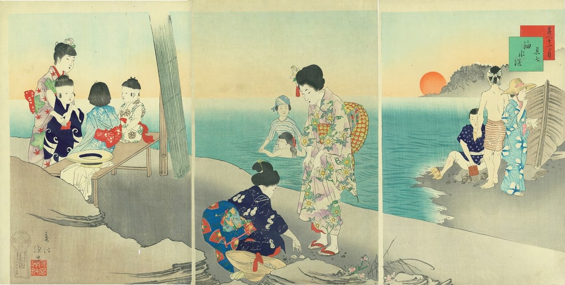 Chikanobu Woodblock Print Triptych Beauty s 12 Months Sea Bathing 1898 Meiji: Chikanobu Woodblock Print Triptych Beauty s 12 Months Sea Bathing 1898 Meiji Item Specifics: Artist: Toyohara Chikanobu Subject: Sea bathing Beauties Ocean Material: Washi paper ink pigments Style: Ja