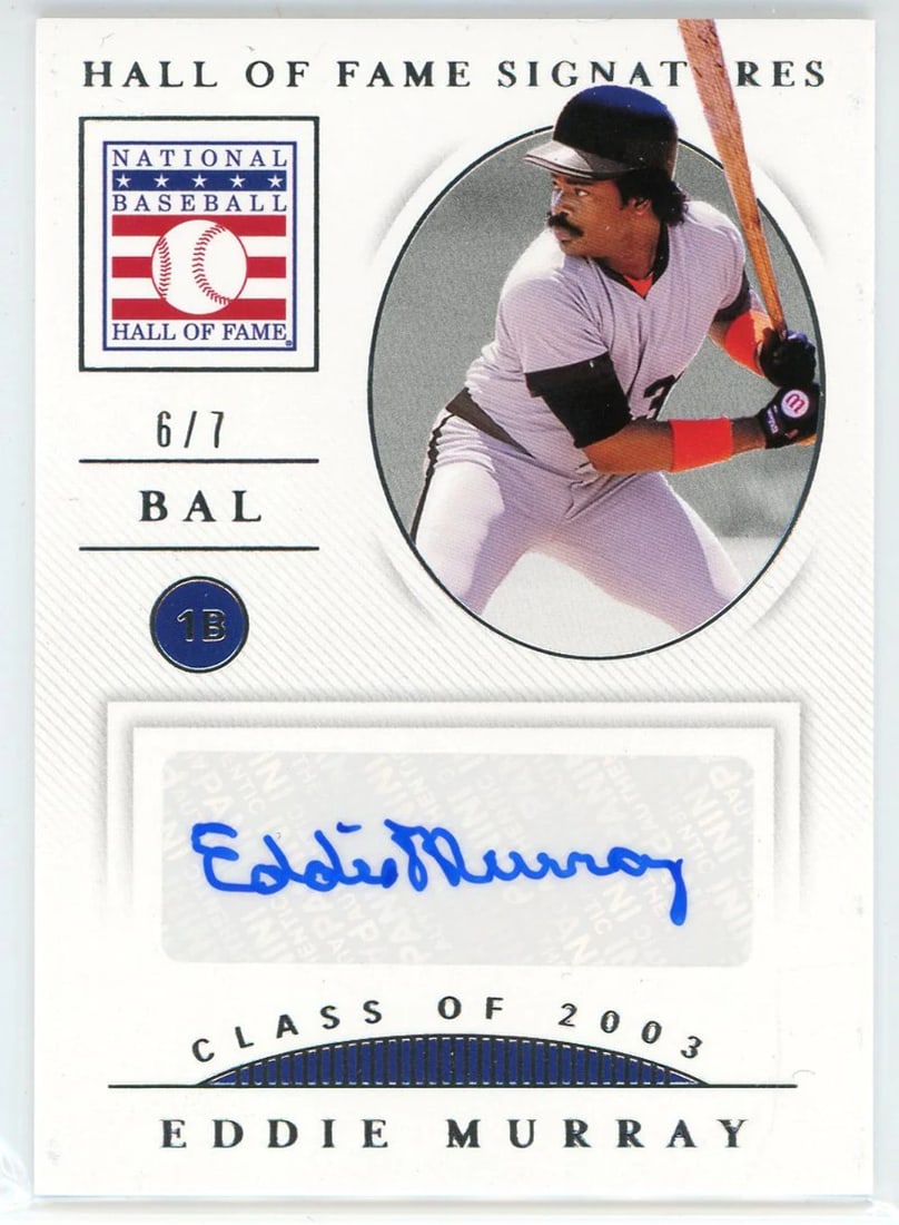 Eddie Murray Autographed 2021 Panini Class of 2003 National Treasures HOFS: Eddie Murray Autographed 2021 Panini Class of 2003 National Treasures HOFS Factory signed in blue sharpie by Eddie Murray across the front of the card, numbered 6 out of 7. This Panini Class of 2003