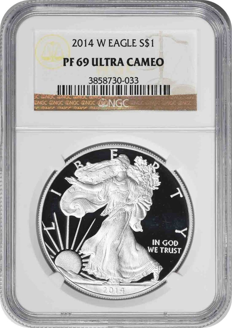 2014-W $1 American Silver Eagle PF69UCAM NGC: 2014-W $1 American Silver Eagle PF69UCAM NGC The 2014-W $1 American Silver Eagle PF69UCAM NGC boasts a striking proof finish, showcasing exceptional detail and luster. Certified by the Numismatic