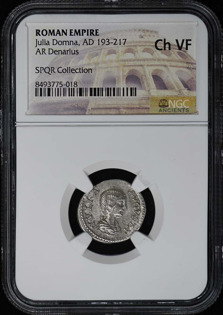 ROMAN EMPIRE JULIA DOMNA CH VF NGC AD 193-217 DENARIUS: ROMAN EMPIRE JULIA DOMNA CH VF NGC AD 193-217 DENARIUS NGC Grade Ch VF, Certification Number 8493775018. This Roman Empire denarius features the regal Julia Domna, showcasing her impressive presence