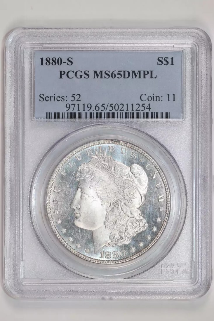 1880-S MORGAN DOLLAR PCGS MS65 DMPL: 1880-S MORGAN DOLLAR PCGS MS65 DMPL The 1880-S Morgan Dollar, graded MS65 by PCGS, boasts exceptional silver content and a pristine condition. This uncirculated coin bears the distinctive hallmark of