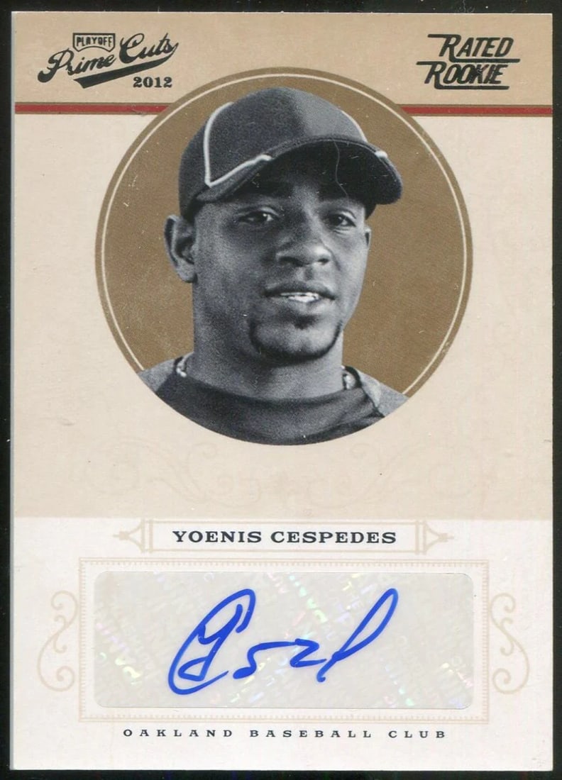 Yoenis Cespedes 2012 Panini Playoff Prime Cuts Rated Rookie Autographed Card #10: Yoenis Cespedes 2012 Panini Playoff Prime Cuts Rated Rookie Autographed Card #10 Yoenis Cespedes' 2012 Panini Playoff Prime Cuts card features his rookie autograph, signed in blue sharpie across the