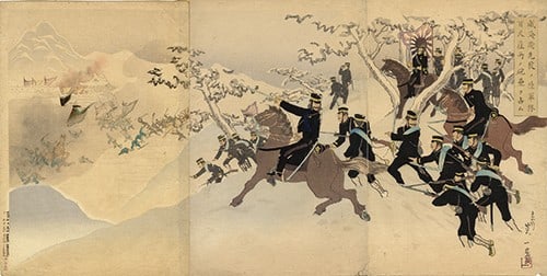 1895 Eiichi Woodblock Print Triptych Sino Japanese War Army at Weihaiwei (1 of 1)