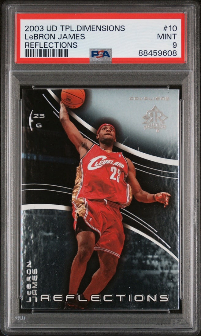 TRIPLE DIMENSIONS REFLECTIONS JAMES LEBRON #10 UPPER 2003 DECK PSA 9: TRIPLE DIMENSIONS REFLECTIONS JAMES LEBRON #10 UPPER 2003 DECK PSA 9 PSA 9 graded Triple Dimensions Reflections insert card featuring LeBron James #10 from the 2003-04 Upper Deck set. This highly soug