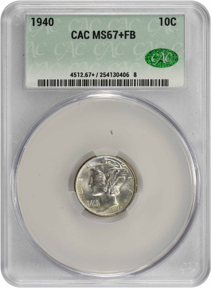 MS67+FB CACG Mercury 1940 Dime Silver: MS67+FB CACG Mercury 1940 Dime Silver MS67+FB CACG Mercury 1940 Dime Silver boasts an impressive MS67 grade, indicating exceptional condition and a high level of detail preservation. This