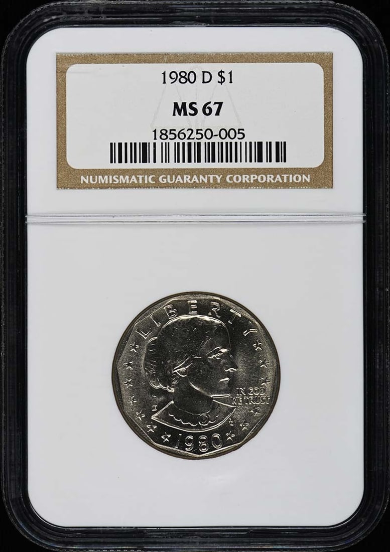 1980-D Susan B. Anthony $1 NGC MS67: 1980-D Susan B. Anthony $1 NGC MS67 The 1980-D Susan B. Anthony $1 coin features a striking design, with the iconic portrait of Susan B. Anthony on one side and the Liberty Bell on the reverse. Graded