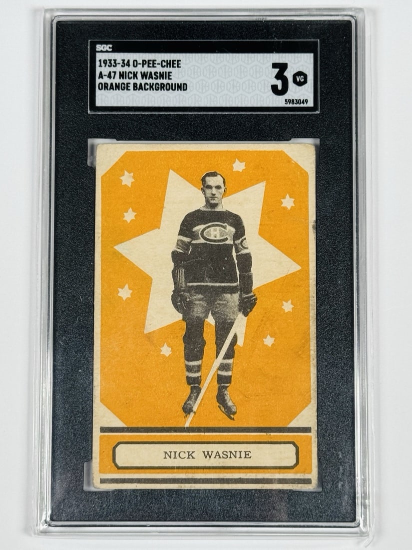 1933-34 O-PEE-CHEE NICK WASNIE #A-47 ORANGE BACKGROUND SGC 3: 1933-34 O-PEE-CHEE NICK WASNIE #A-47 ORANGE BACKGROUND SGC 3 1933-34 O-Pee-Chee Nick Wasnie Orange Background SGC 3 - A Rare Hockey Card from the NHL's Early Years. This Standard League card features