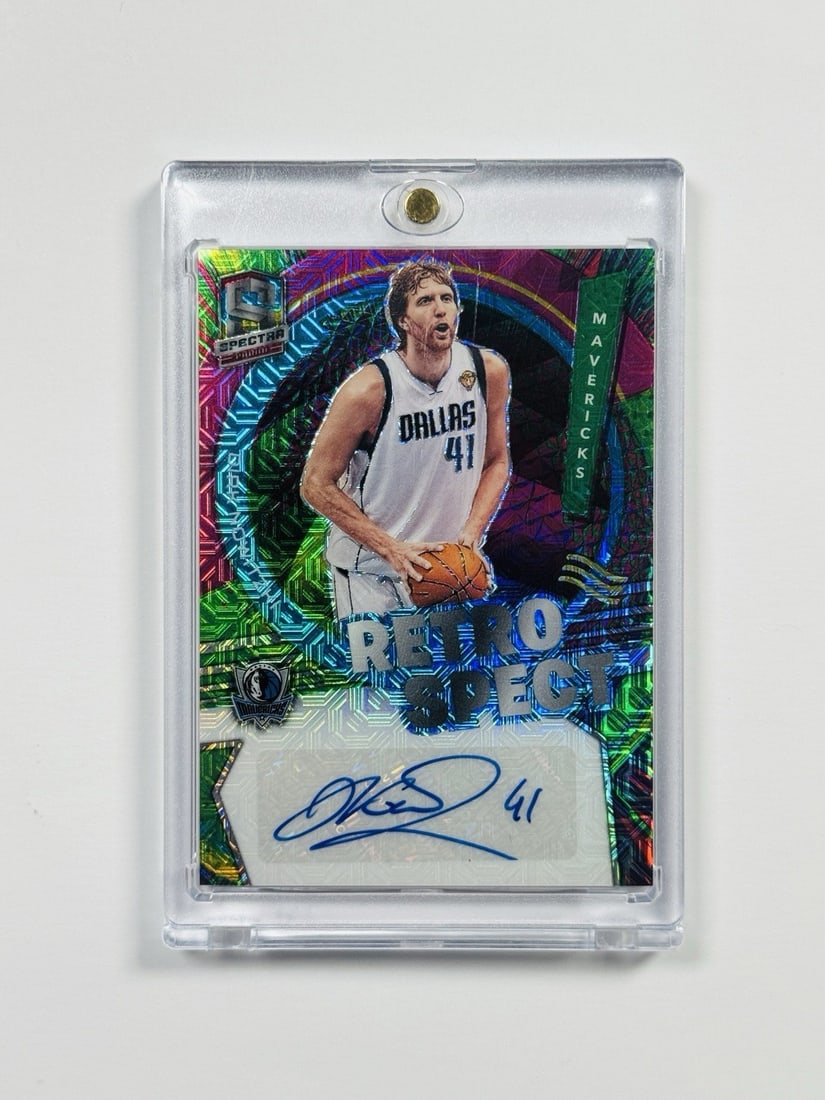 2021-22 PANINI SPECTRA DIRK NOWITZSKI #RSA-DNW RETROSPECT AUTO/ 15: 2021-22 PANINI SPECTRA DIRK NOWITZSKI #RSA-DNW RETROSPECT AUTO/ 15 Dirk Nowitzki's Spectra print features his signature in a unique, limited edition design. This autographed card from the 2021-22 PANI