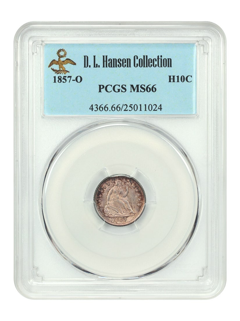 1857-O H10C PCGS MS66 ex: D.L. Hansen: 1857-O H10C PCGS MS66 ex: D.L. Hansen The 1857-O H10C, graded MS66 by PCGS, boasts exceptional mint state condition with striking details. This uncirculated half-dime bears the mark of its New